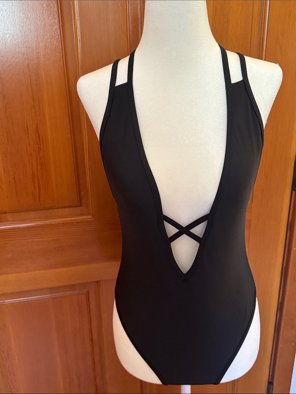 Black Deep V One-Piece Swimsuit with Crisscross Detail